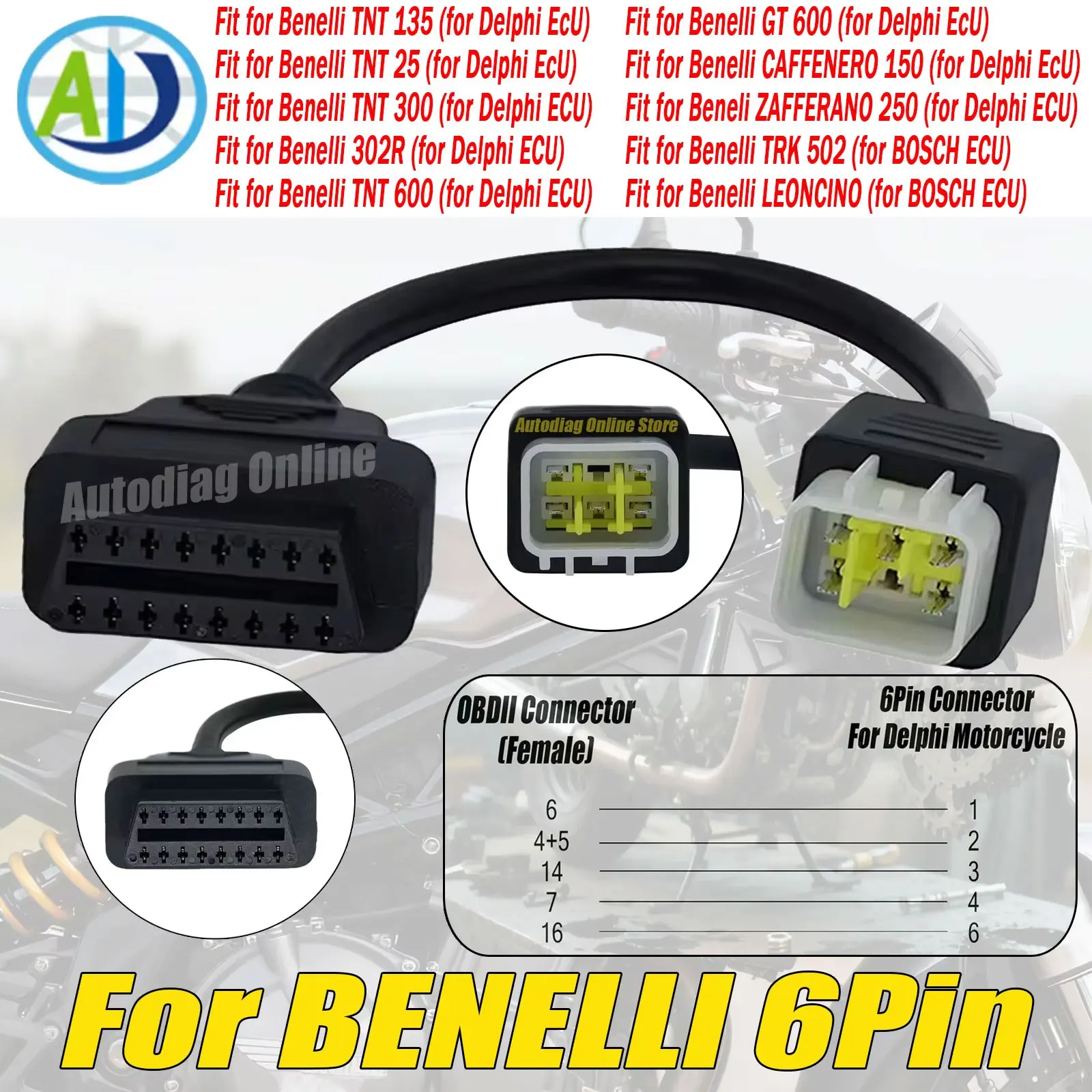 

For BENELLI OBD2 Adapter Cable For TNT 25/135/300/600,GT600,TRK502,LEONCINO Motorcycle Diagnostic Cable For BOSCH ECU DELPHI ECU