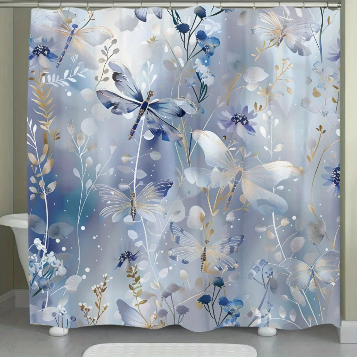 1pc dragonfly and floral pattern shower curtain, polyester fabric, machine washable, suitable for bathroom decoration
