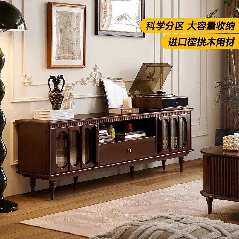 خزانة تلفزيون من الخشب الصلب، مجموعة طاولة القهوة، خزانة تخزين من خشب الكرز الأمريكي القديم #3
