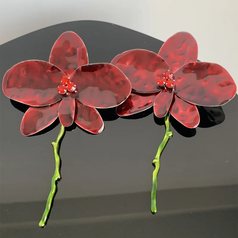 Vintage Metal Wine Red Enamel Drip Glaze Large Fower Earrings for Women Charm Exaggerated Wedding Jewelry Gift