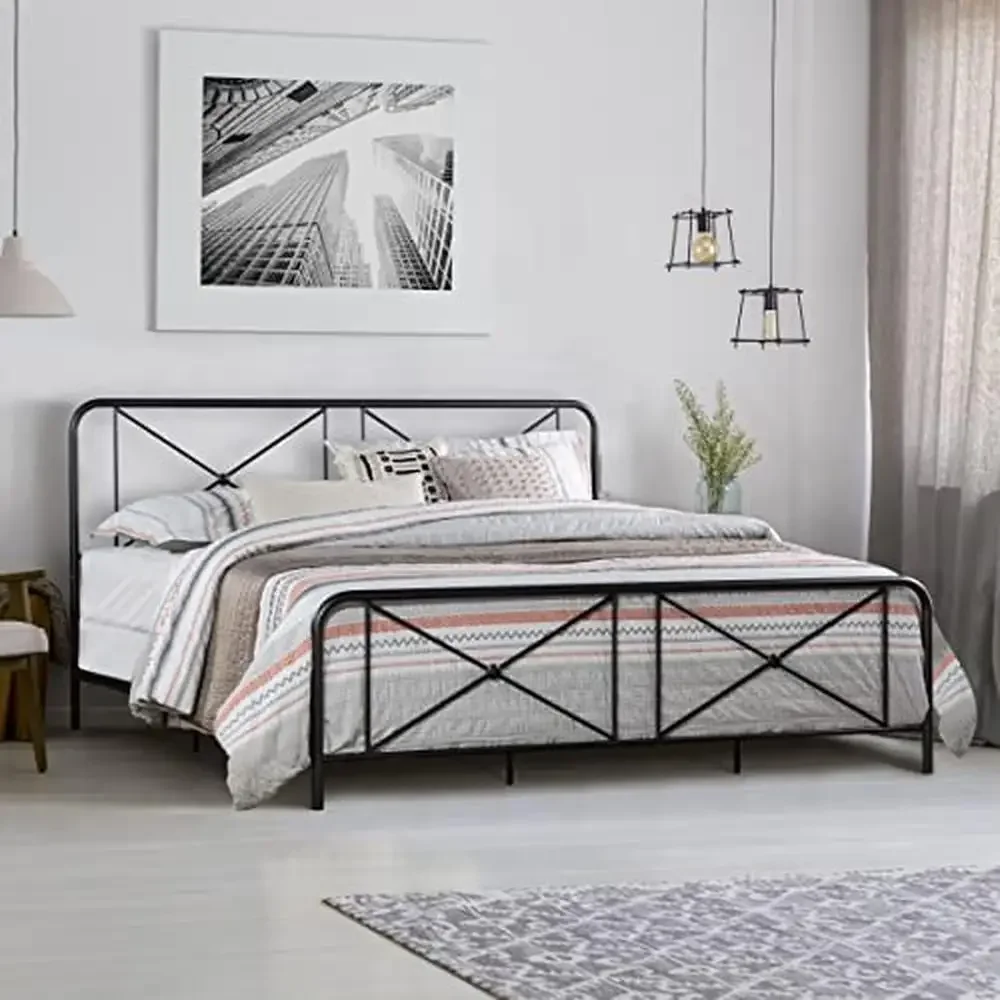 King Metal Bed Frame Double X Design Platform Black Non Upholstered Cast Iron Arches Durable 78