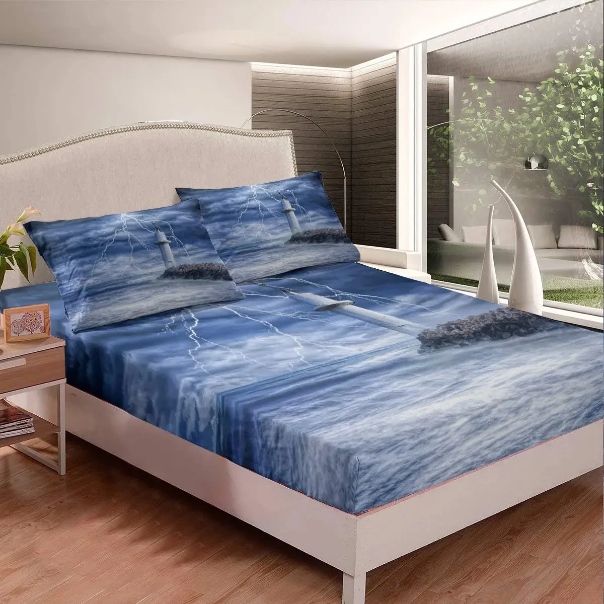Lighthouse Fitted Sheet Nautical Bedding Set Natural Scenery Bed Cover Twin King Coastal Nature Theme Sheet with Deep Pocket