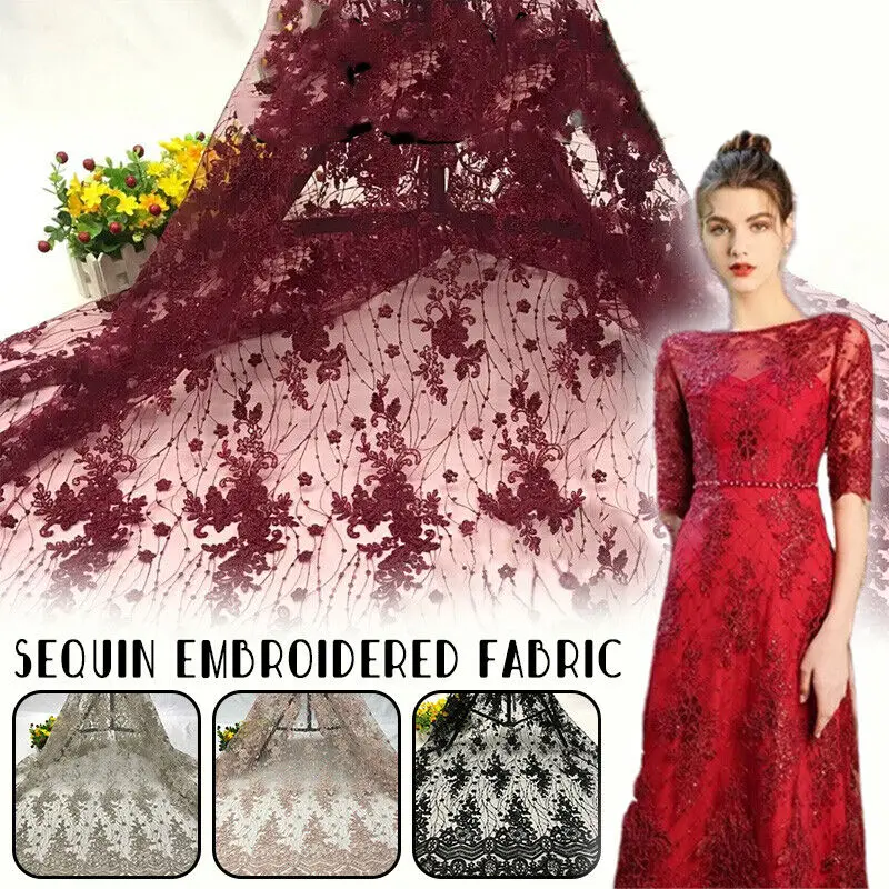 90x130cm Sequin Flower Embroidered Fabric DIY Handmade Dress Sewing Material Beaded Lace Fabric Wedding Dress Decoration