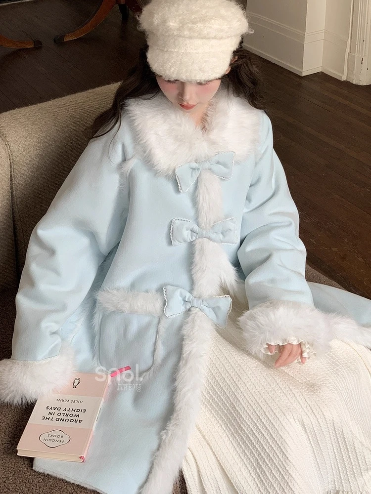 Japanese Style Elegant Sweet Girl Plush Loose Overcoat Patchwork Doll Collar Bow Loose Versatile Long Jackets Coat Women Winter