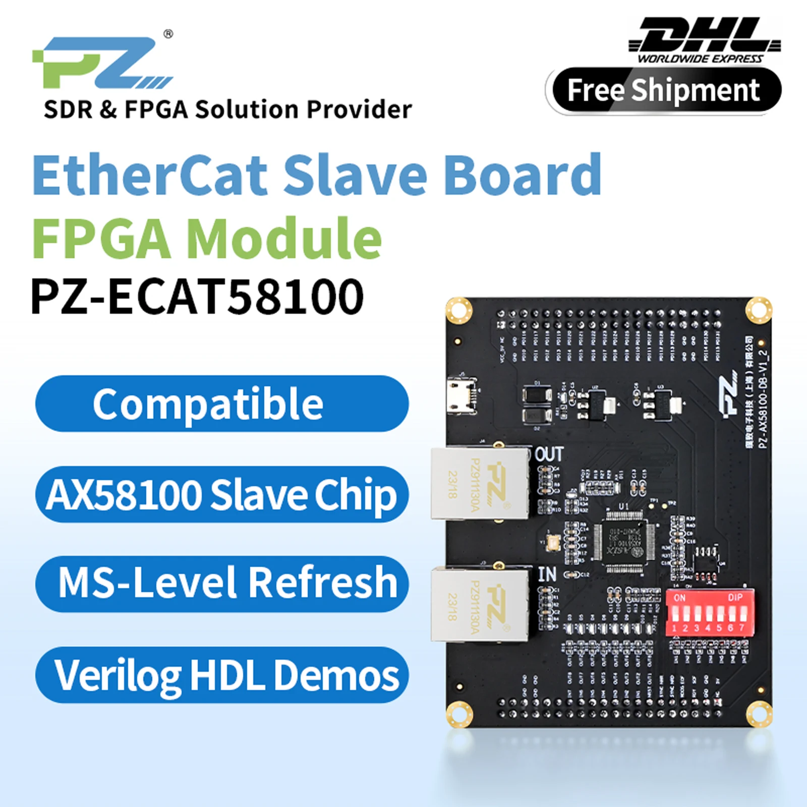 

Puzhi EtherCAT FPGA Development Board AX58100 IO/COE/PDO Xilinx ZYNQ7000 XC7Z010 XC7Z020 XC7Z035 XC7Z045 XC7Z100 Evaluation Kit