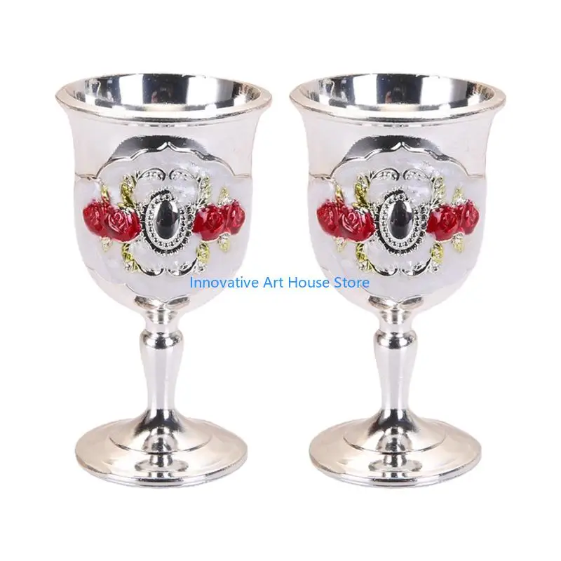 E1PC 2Pcs Chalice Goblet Metal Shot Glasses Engraving Rose Flower Wine Cup Medieval Drinkware for Party Wedding Decors Gift
