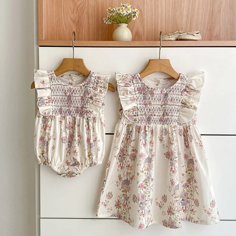 Girls Pink Floral Dress Ruffle Baby Romper Dress Summer Kids Short Sleeve Beach Dresses Toddler Bodysuit Sister Family Clothes