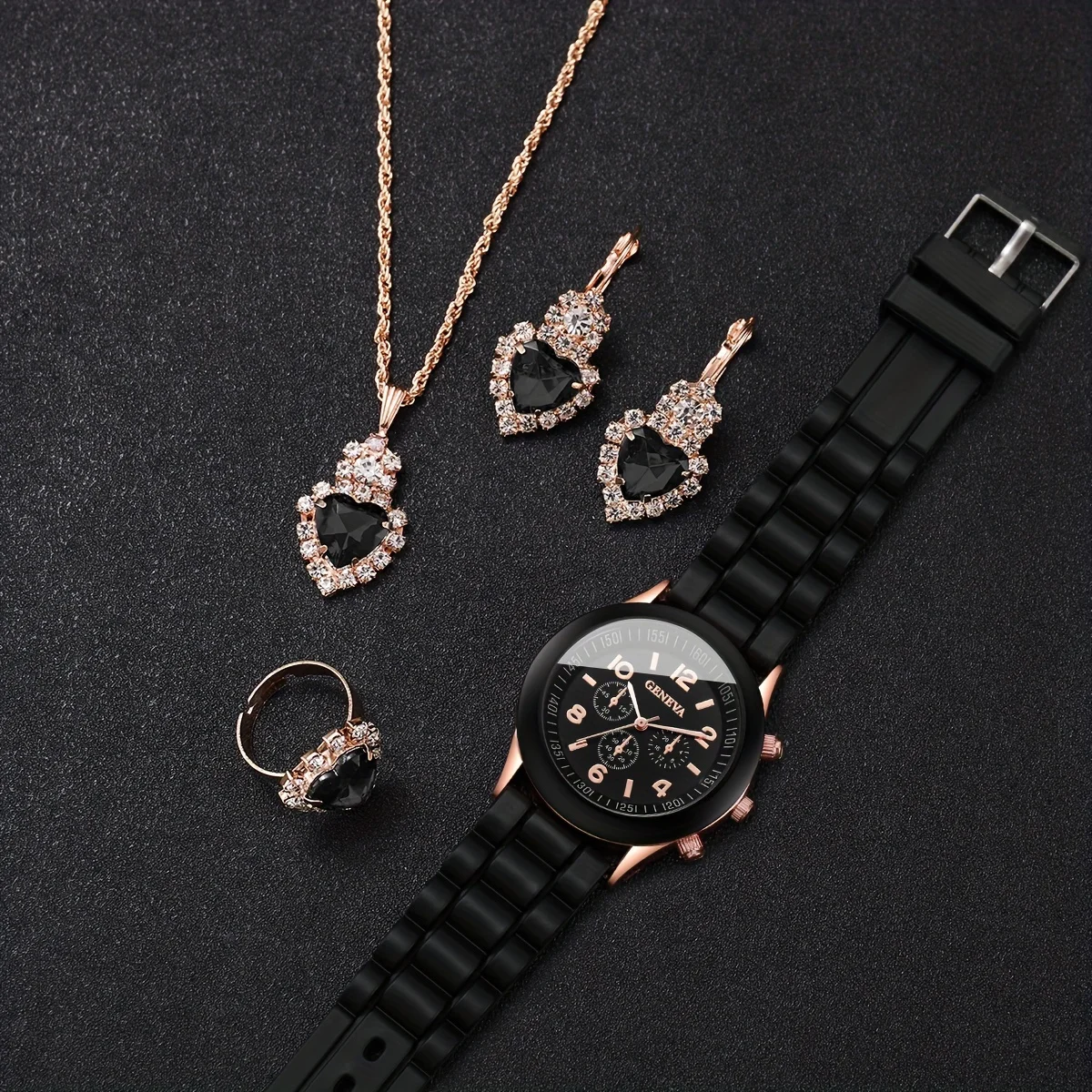 여성용 캐주얼 패션 쿼츠 시계 실리콘 밴드 손목 시계 및 합성 보석 세트, 발렌타인 데이 선물, 세트당 5 개