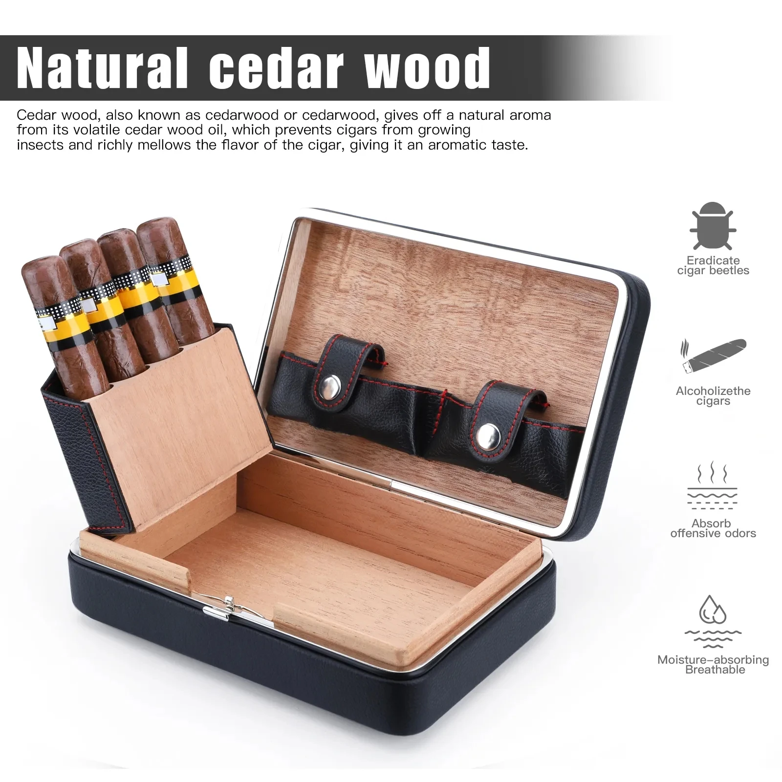 Imagem -03 - Cedar Wood Cigar Moisturizing Box Portátil Viagem Couro Humidor Packaging Cigars Box Acessórios