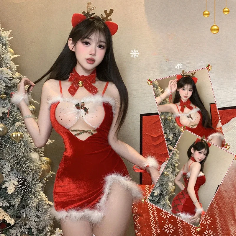 Sexy Christmas Cosplay Costume Sexypure Desire Aesthetic Mini Dress Holiday Party Costume New Year Seductive Uniform Performance