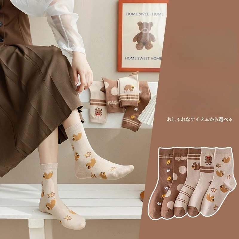 5 Pairs Women's Cute Grip Socks Autumn Japanese-Style Cartoon Socks Set Kawaii Spring Fall Long Socks with Print High Quality