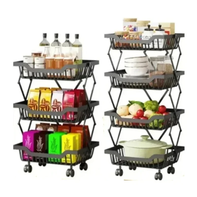 Fruit And Vegetable Baskets For Kitchen Floor-Mounted Movable Kitchen Organizer Multi-Layer Shelves Folding Shelfs Trolley Carts