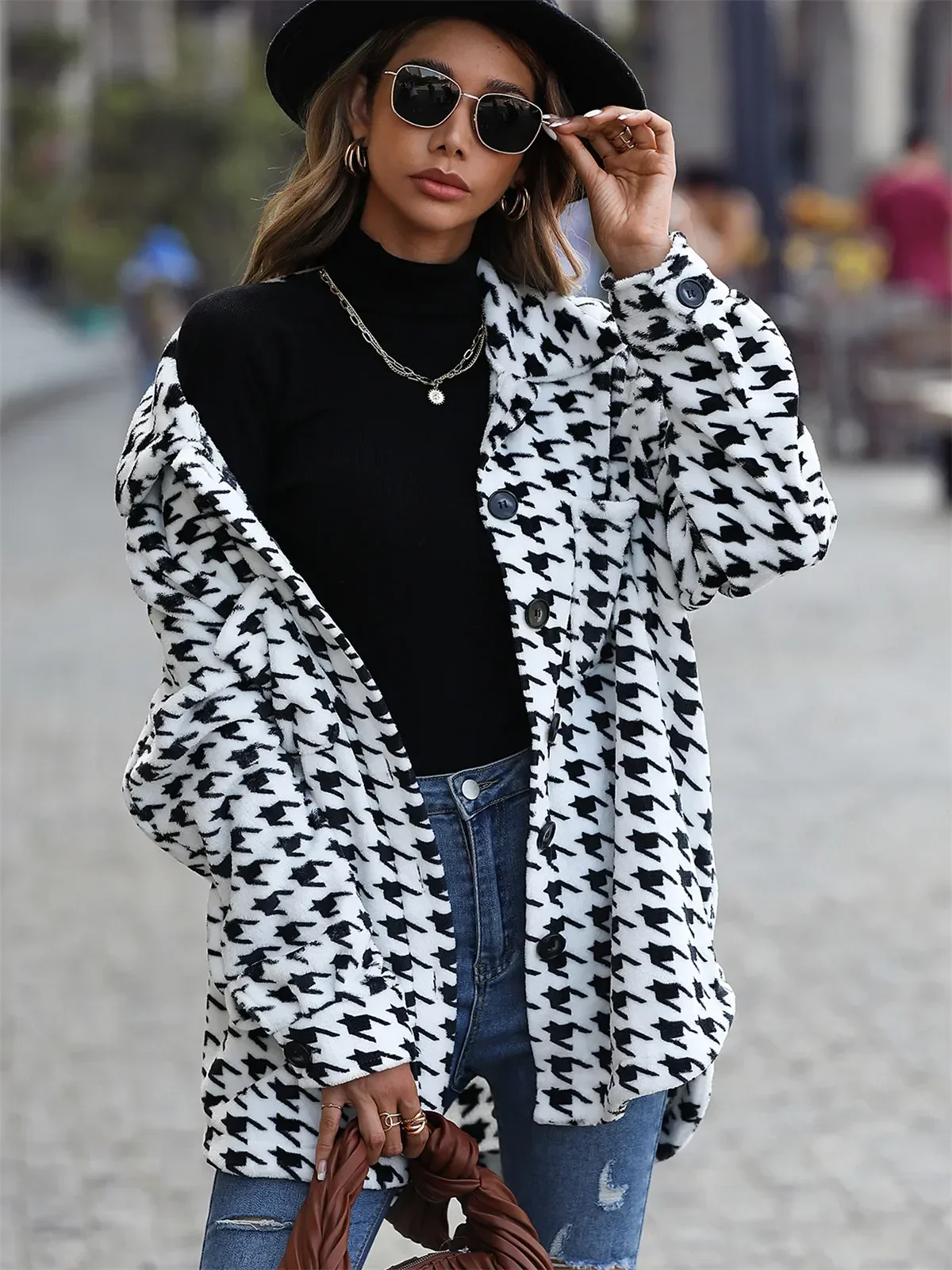 Women's Coats for Woman Clothing Flannel Black White Casual Swallow Gird Winter Suit Jacket Fashion Warm Women Clothes Outerwear