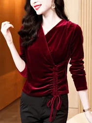 Women Draw String T-shirts Long Sleeve V Neck Vintage Velvet Pullovers Tees New Slim Tops