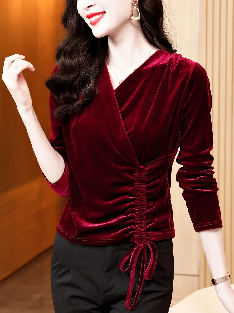 Damskie koszulki ze sznurkiem z długim rękawem i dekoltem w szpic Vintage Velvet Pullovers Tees New Slim Tops
