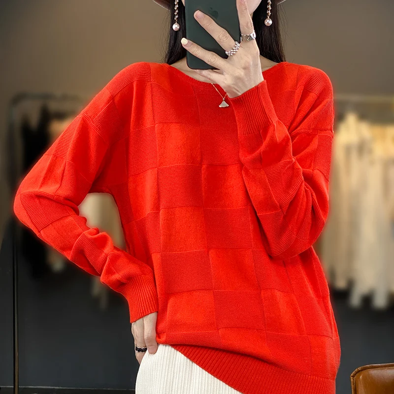 Autumn Winter New Women 100% Cotton Soft Sweater Round Collar Square Pattern Pullover Loose Fashion Knitwear Casual Base Top