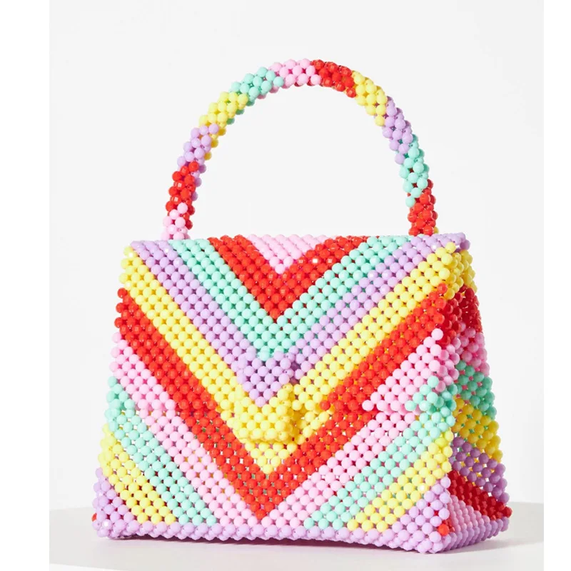 2023 New Triangle Rainbow Acrylic Beaded Flip Handbags for Women Fashion Colorful Splice Design Woven Women\'s Bag Customizable