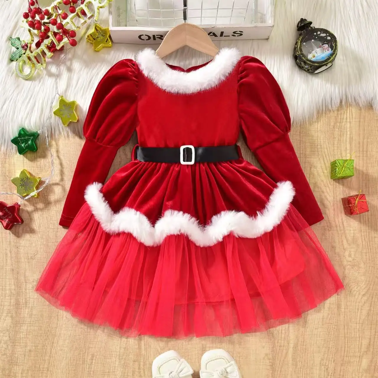 

2026 Girls' Christmas Party Dress Patchwork Mesh Tulle Dress European and American Style Festive Attire Dress