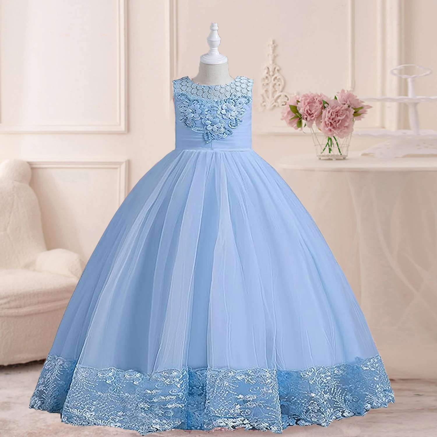 

Grace Stylish Little Big Girls 3D Flower Wedding Bridesmaid Flower Girl Birthday Party Pageant Formal Long Party Dress