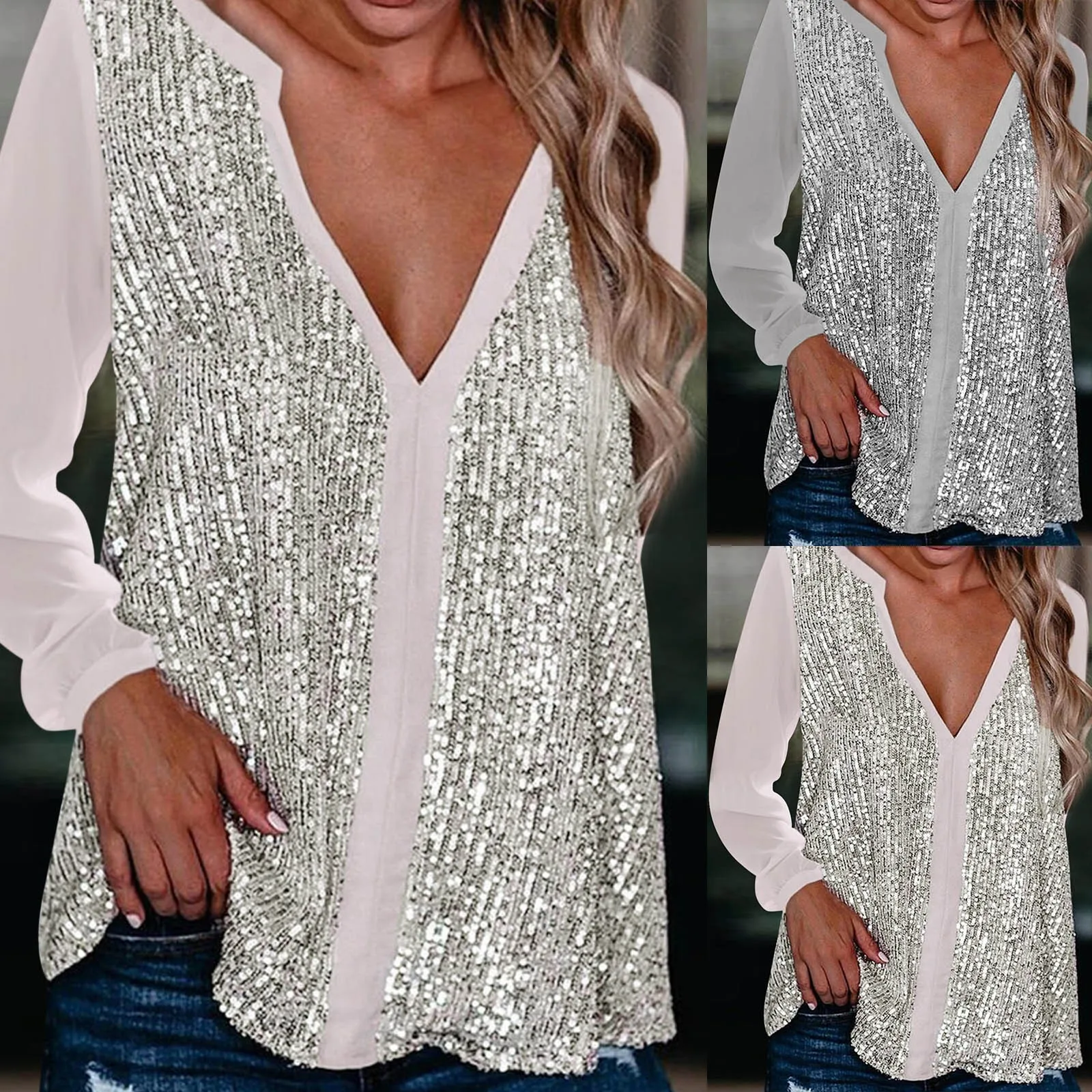 T-Shirt Sequins Loose Female Women Long Sleeve Oversize Blouse Sparkling  V Neck Femme Tees Ladies Shirts Silver Gold Carnival