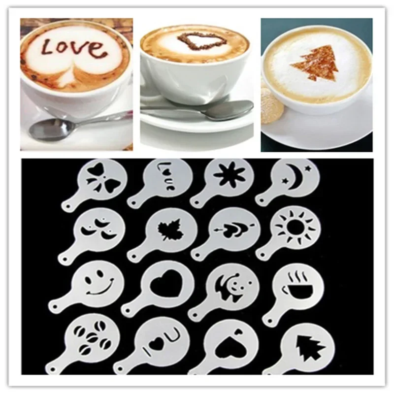 16Pcs/Set Coffee Mold Latte Cappuccino Barista Art Stencils Cake Duster Templates Coffee Accessories Milk Mold Coffe Decoration