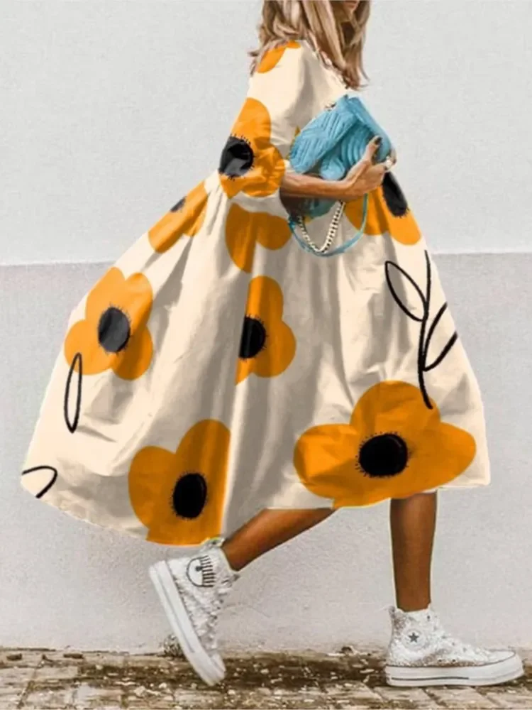 Fashion Boho Floral Print Dress Women O Neck Oversize Loose Midi Dress  Summer Casual Holiday Beach Long Dresses Female