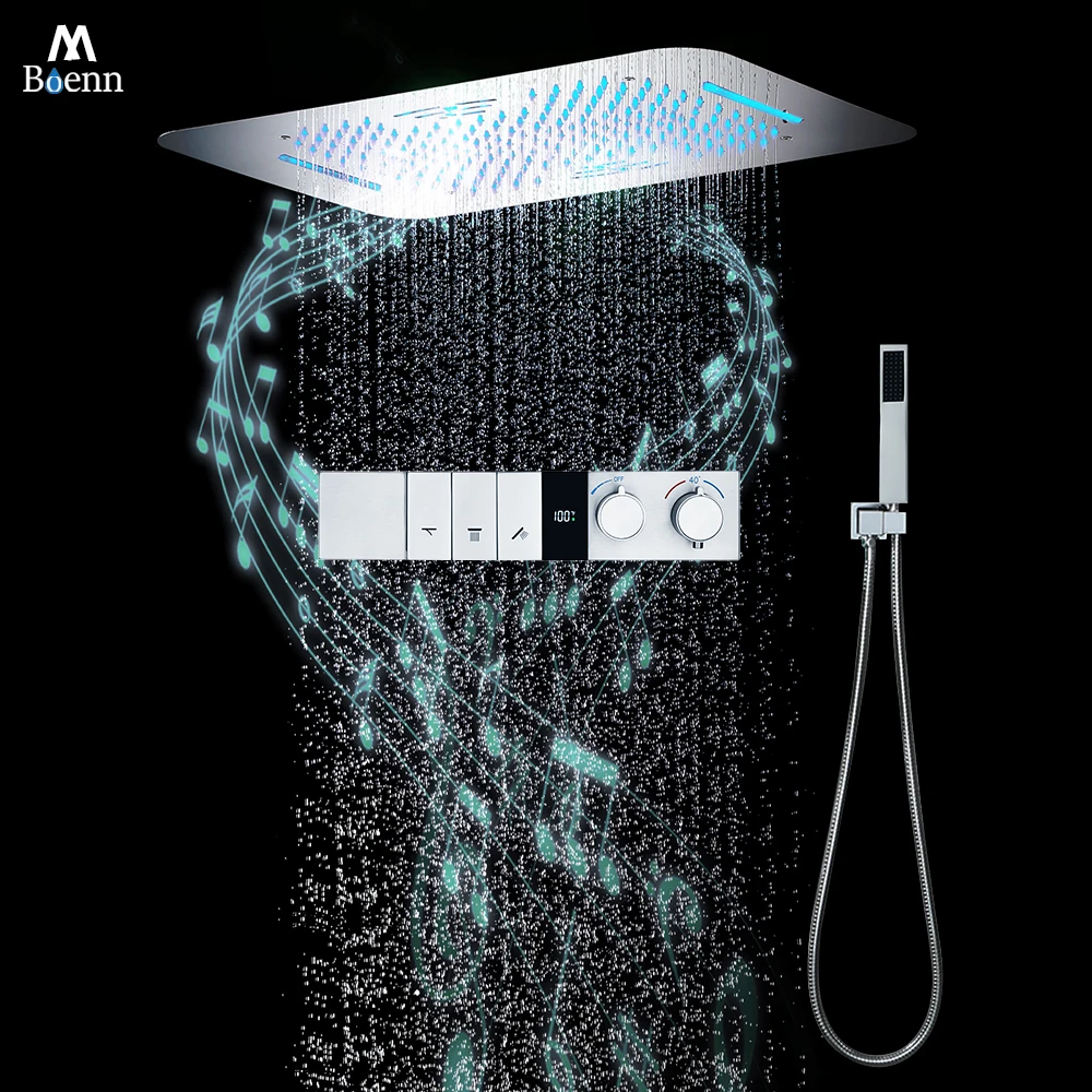 

M Boenn Brushed Rose Gold Shower System Set Bathroom Luxurious Black Shower Head Rainfall Push Button Type Thermostatic Diverter