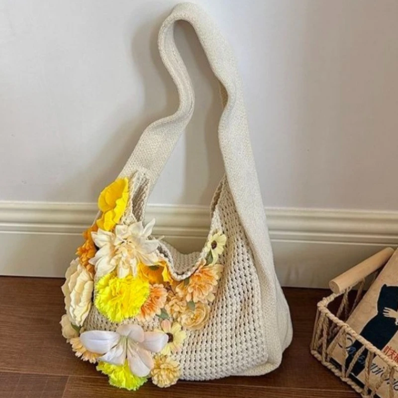Yellow Green Blue Flower Crochet Mesh Hobo Bag Hollow Knit Woven Shoulder Tote Boho Vintage Fairy Large Handbag For Girls Women