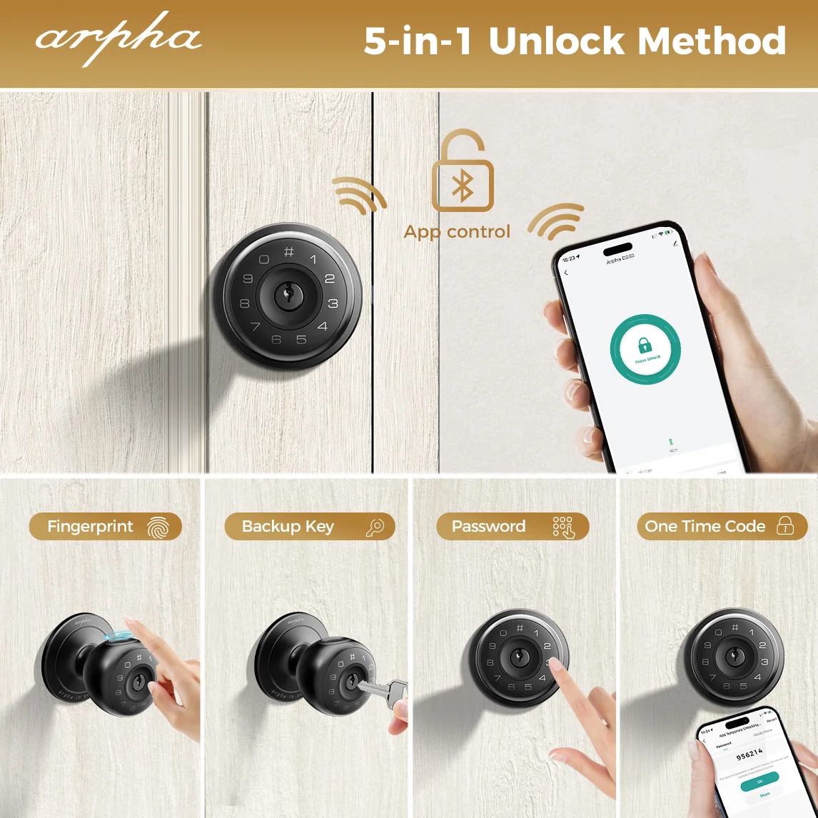 Arpha Smart Lock D260 Smart Fingerprint Door Knob with App Control Keyless Entry Door Lock with Keypad Anti-Peeping Password