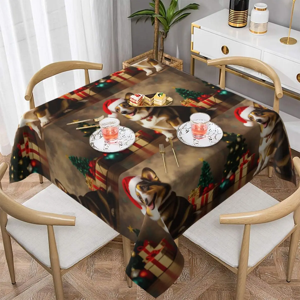 Cardigan Welsh Corgi Dog Christmas Waterproof Square Tablecloth Oilproof Table Cloth for Kitchen Events Dining Table Cover