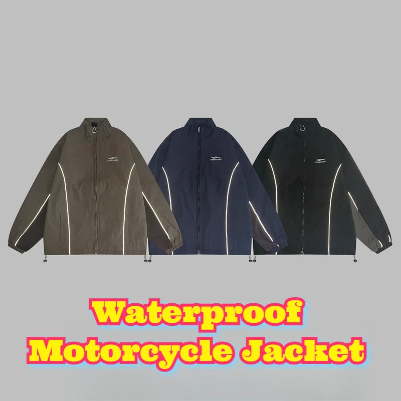 

Waterproof Motorcycle Jacket American Embroidery Stand Collar Reflective Biker Coat Couples Outdoor Riding Unisex Windbreaker
