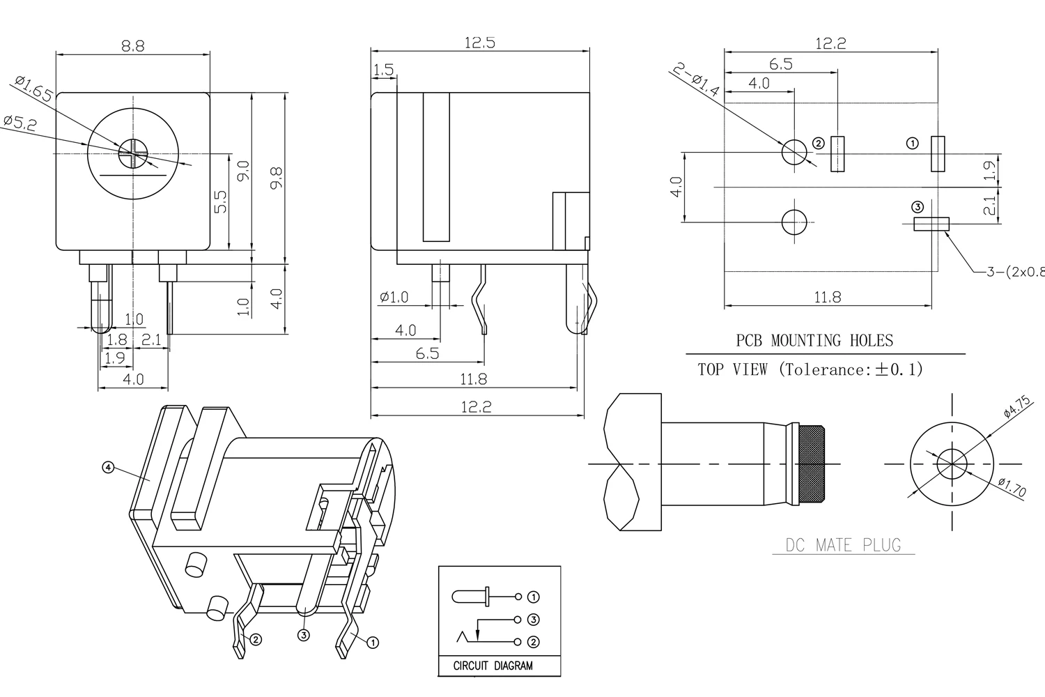 10PCS DC-028A DC Power Connector Female And Male Pin1.7X4.8mm DC Plug 4817 Power Jack DIP 3Pin Power Socket