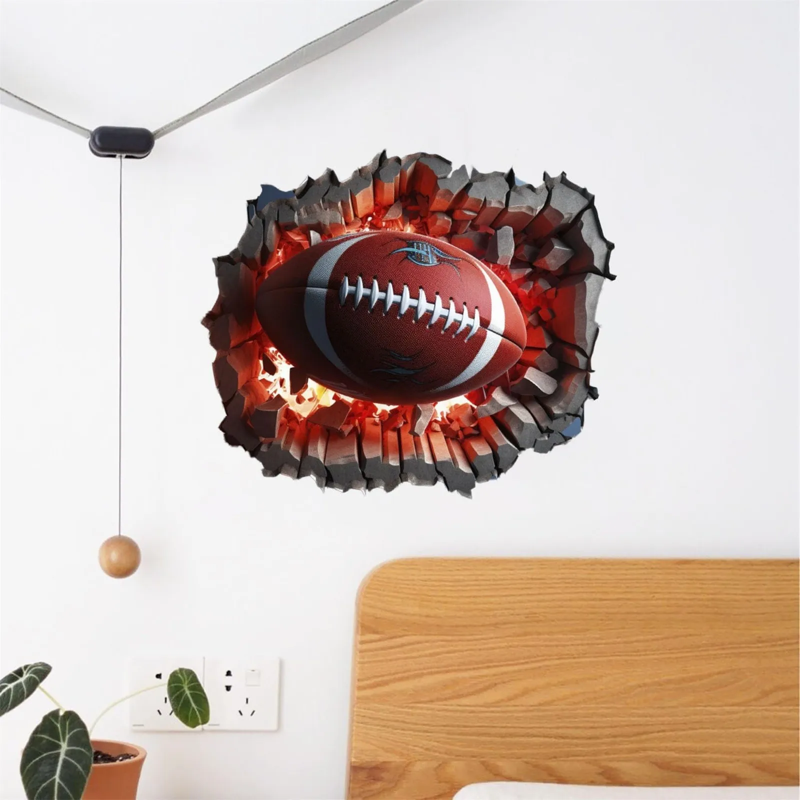 3D Football-themed Wall Decal Rugby Break Through Wall Stickers For Man Teen Kids Boys Bedroom Playroom Rooms Decoration
