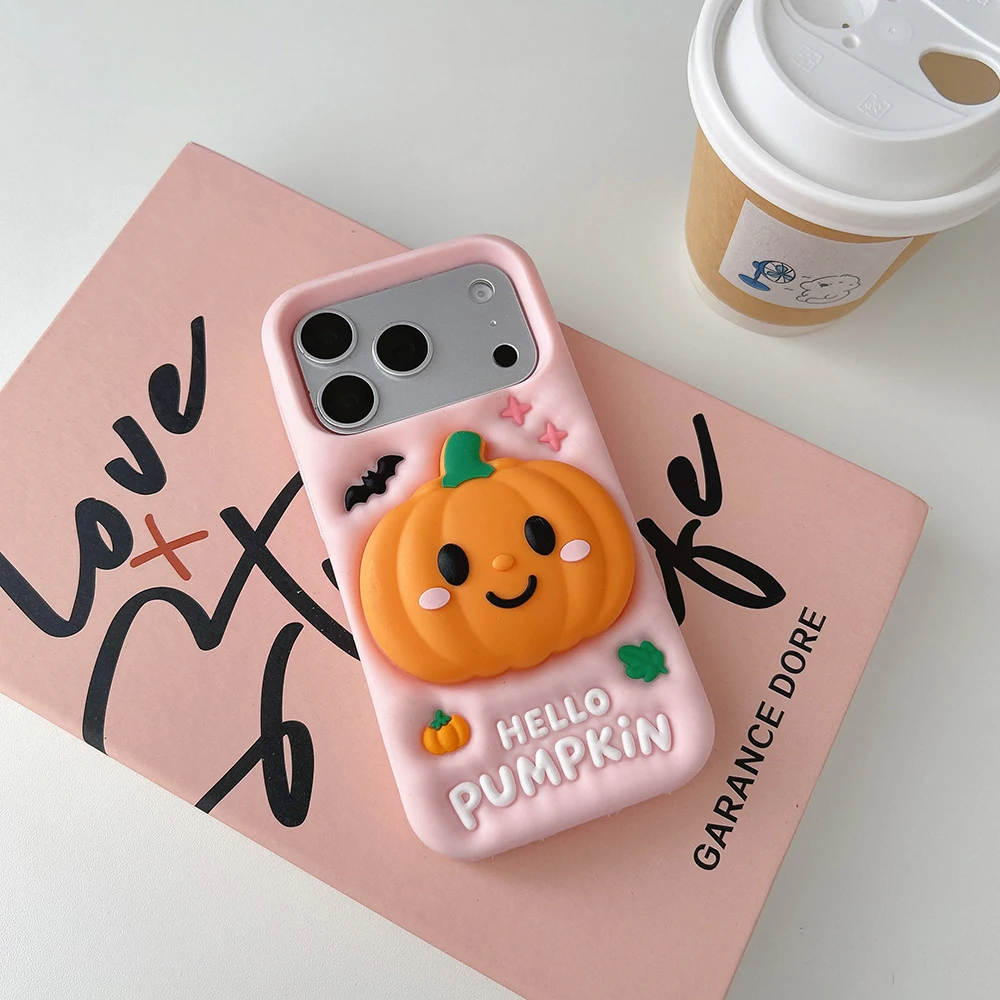 Niedliche 3D-Halloween-Kürbis-Handyhülle aus weichem Silikon für iPhone 18, 17, 16 Pro Max, stoßfest, mit integriertem Ständer, Schutzhülle. – Detail 3