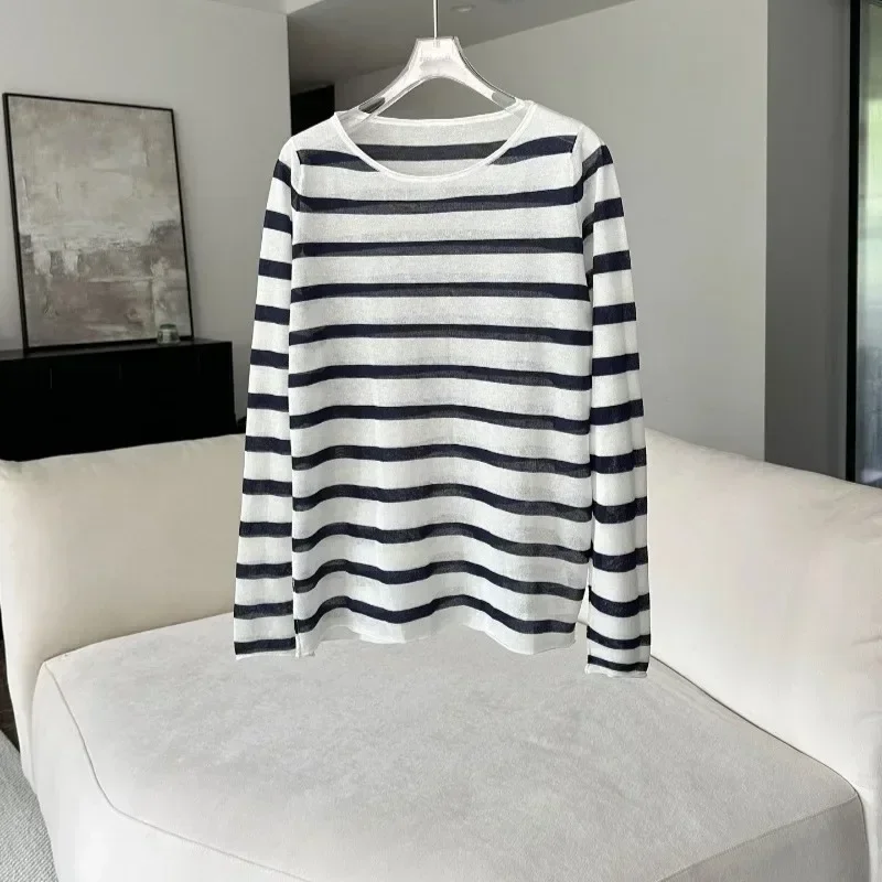 Striped Tencel Linen Pullover Long-sleeved Knit Sweater