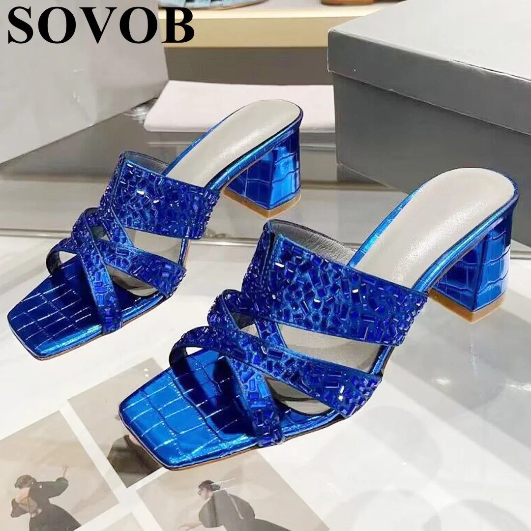 

Summer genuine leather solid color open toe slippers women hollowed out crystal high-heeled sandals party banquet dress shoes