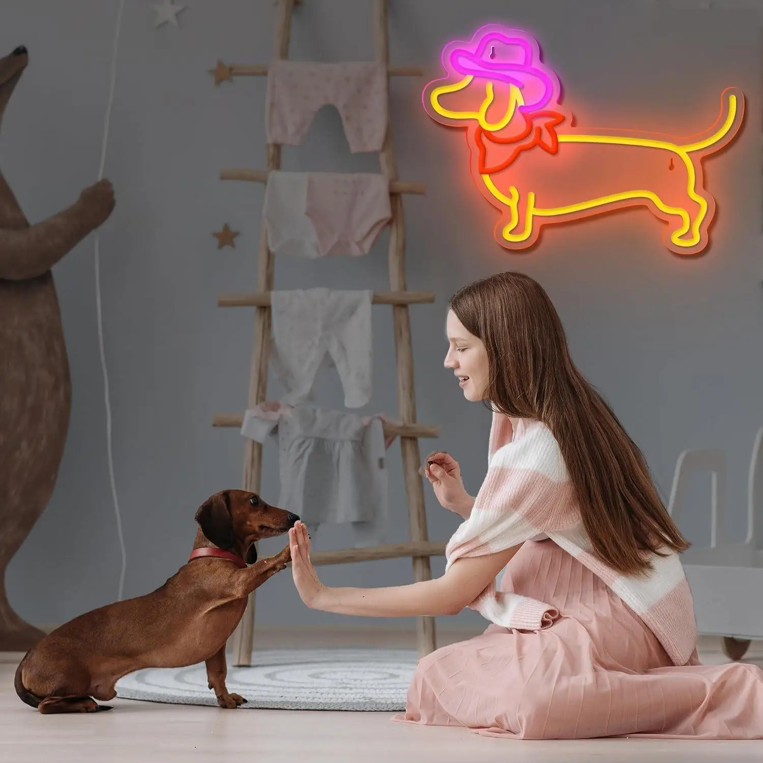 카우보이 모자 닥스훈트 LED 네온 사인 애완동물 가게 장식 조명 조절 가능한 USB 네온 라이트 어린이 방 놀이 공간 가정 거실 장식 어린이 선물