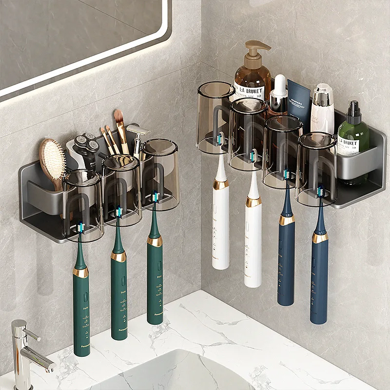 Space Aluminum Wall Mounted Electric Toothbrush Holder Toothpaste Cup Storage Rack Bathroom Accessories Organizer