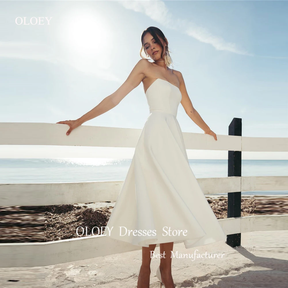 OLOEY Simple A Line Tea Length Wedding Dresses Strapless Soft Satin Beach Country Bride Gowns Formal Party Dress Plus Size