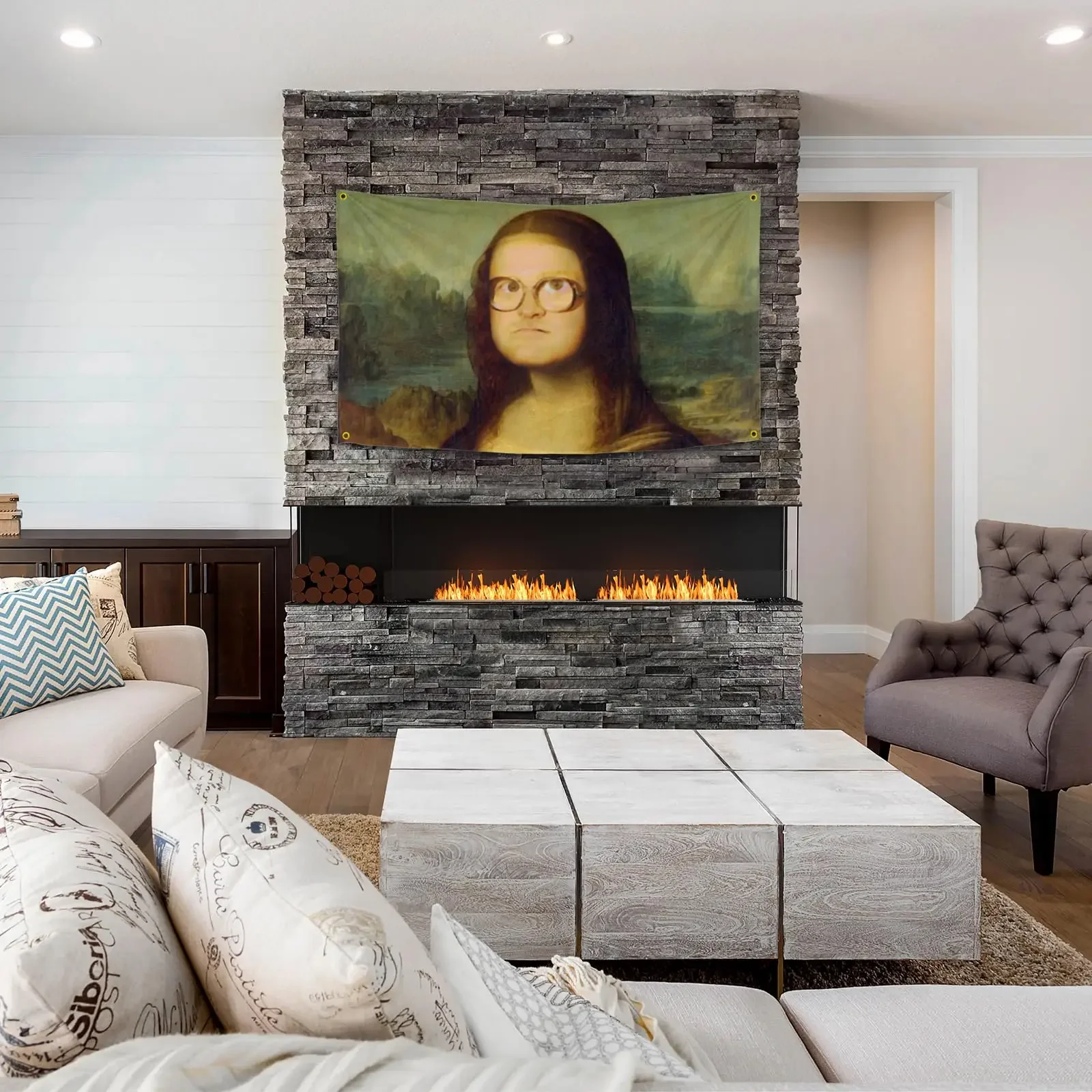 Mona Lisa Flag Funny Poster Tapestry Durable Man Cave Wall Flag Pop Art Home Decoration 3x5 Feet Banner with 4 Brass Grommets