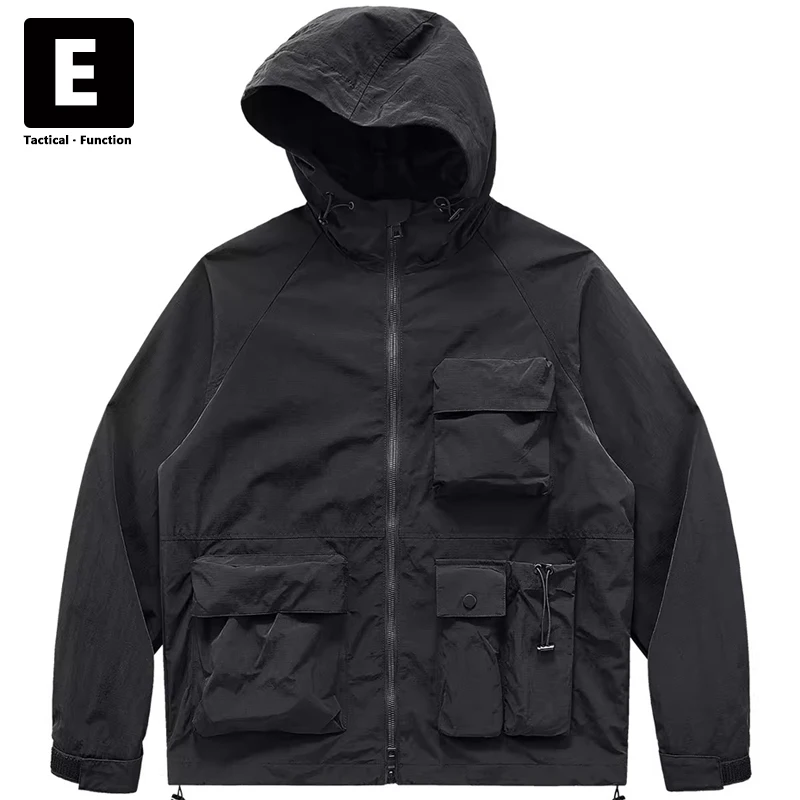 Techwear Windbreak Jacket Men Spring Autumn Black Cargo Hooded Jackets Male Camp Jacket Coat Outdoor Outerwear