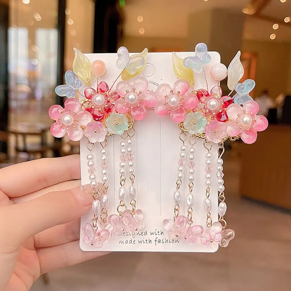 Adorable Fairy Pearl Flower Tassel Headdress Alloy Headwear Kids Girl Hairpin Chinese Style Hair Clip Hair Accessory