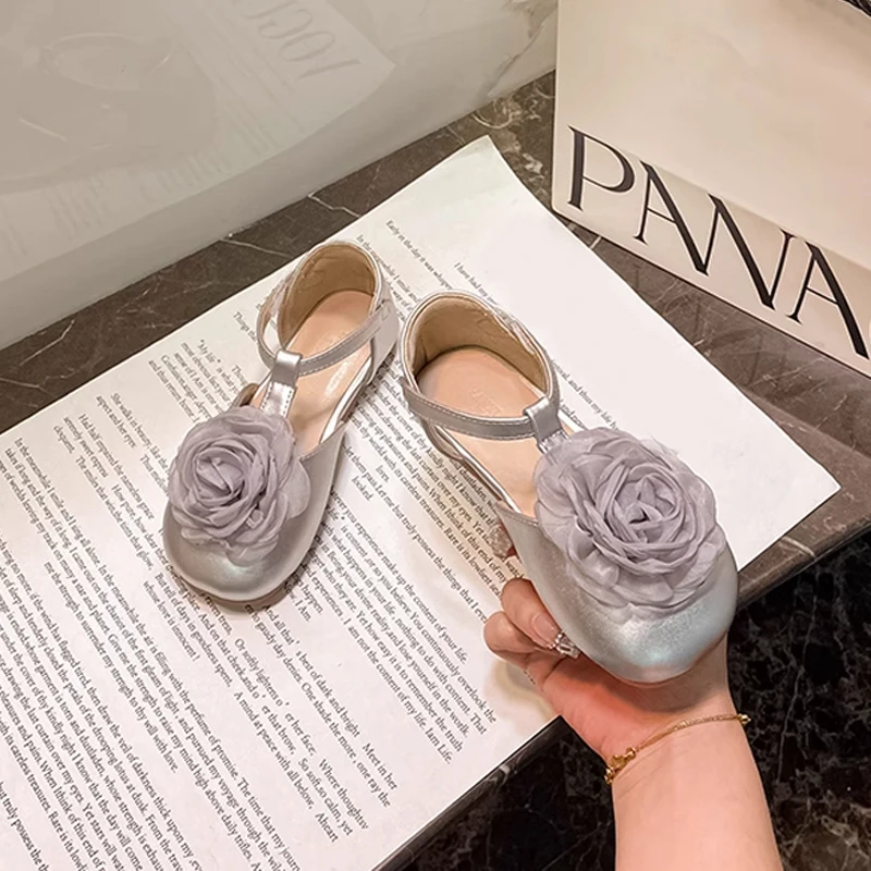 Luxury Silk Gauze Flower Ballet Flat Kid Girl Elegant Lace Floral Applique T-Bar Mary Jane Shoes Baby Child Party Dress Zapatos