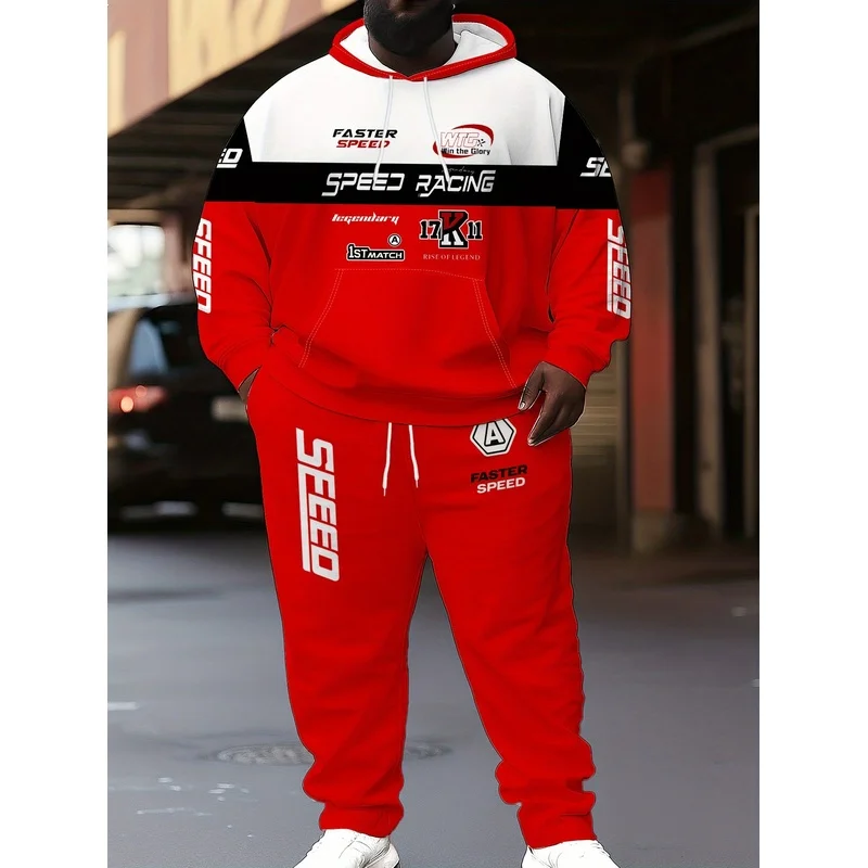 Men'S Plus Size Sports Hoodie Set Racing Style Letter Printed Hooded Hoodie Fashionable Plus Size Sports Two-Piece Set