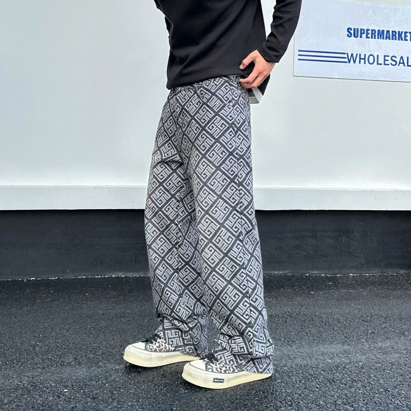 

Men's Retro Blue Washed Checkered Steel Print Jeans Loose Straight Leg Denim Pants in Stock for Casual and Streetwear