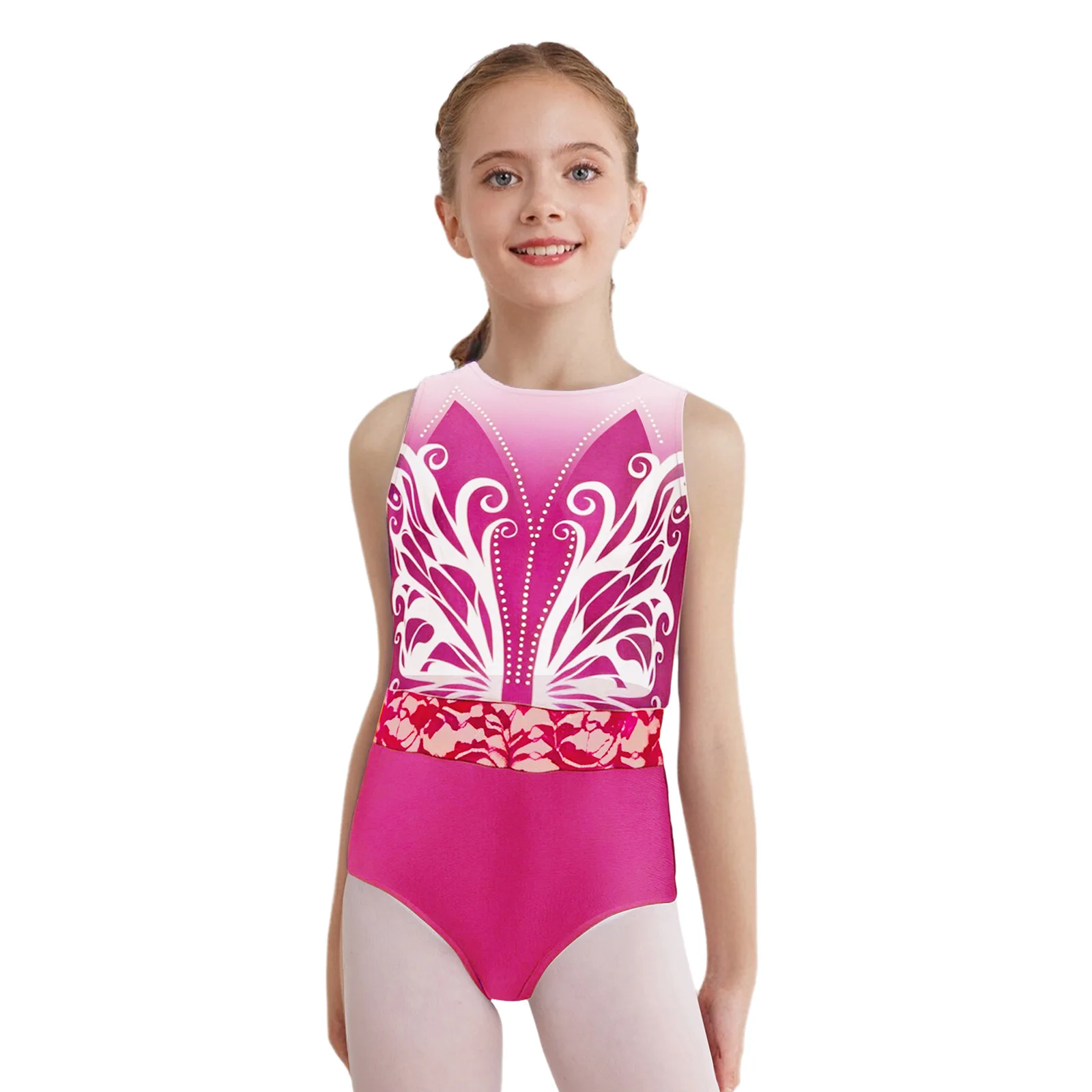 

Kids Girls Butterfly Printed Leotard for Gymnastics Ballet Performance Dancewear Sleeveless Lace Shiny Rhinestones Bodysuit