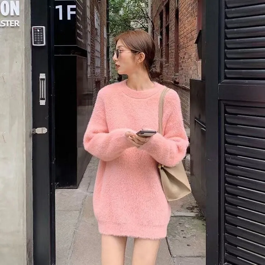 New Lazy Style Soft Mohair Mint Green Loose Sweater Autumn Winter Women O Neck Thick Warm Knitted Oversized Female Pullovers