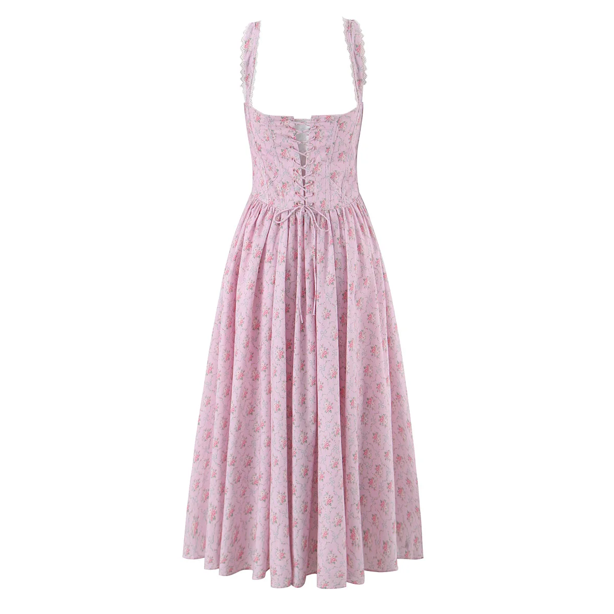 2025 sexy rosa floral impressão emendado gola de renda espartilho sling midi vestido feminino cruz laço até volta cintura baixa balanço vestidos tanque