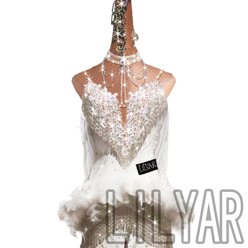 LILYAR New Latin Dance Performance Competition Performance Solid Color Sleeveless White Feather High-Grade Dance Dress