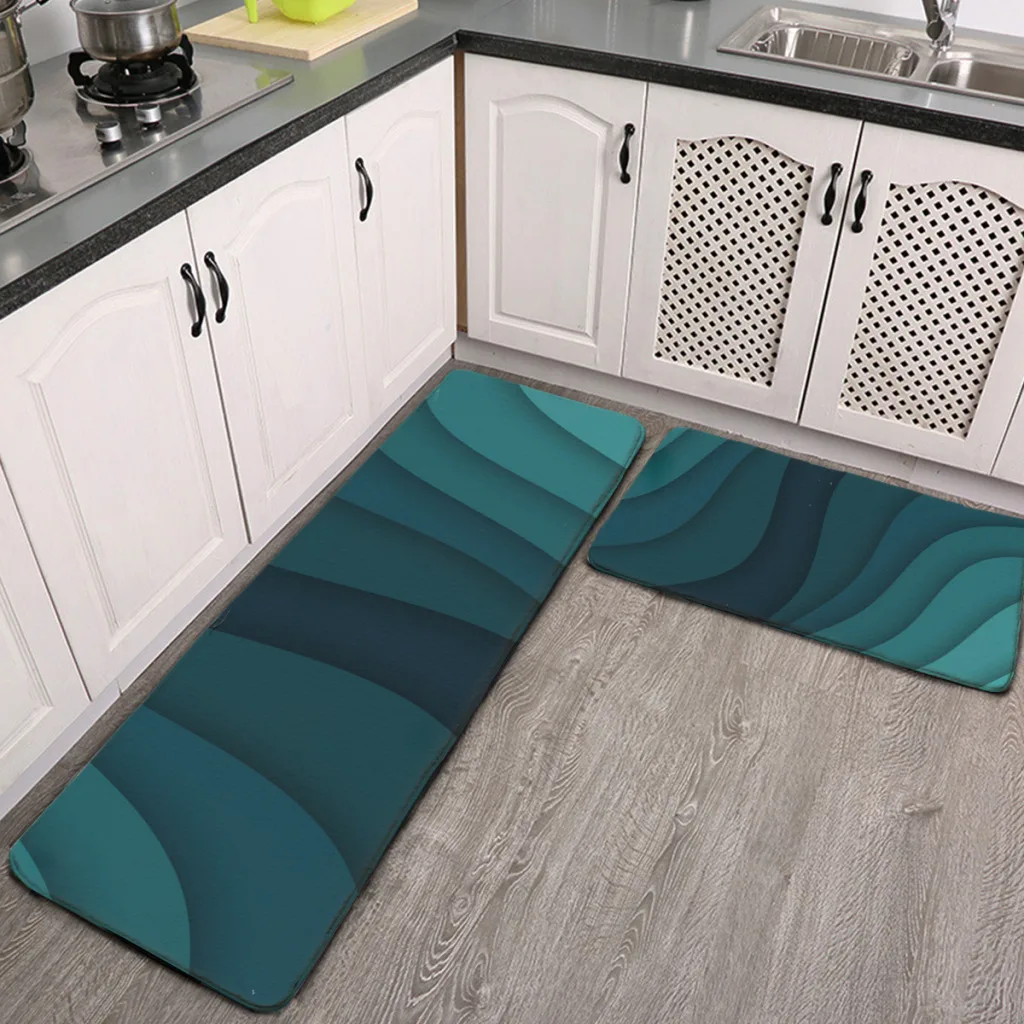 Kitchen Door Steps Water-Absorbing  Non-slip Foot Mats Abstract Turquoise Blue Wavy Striped